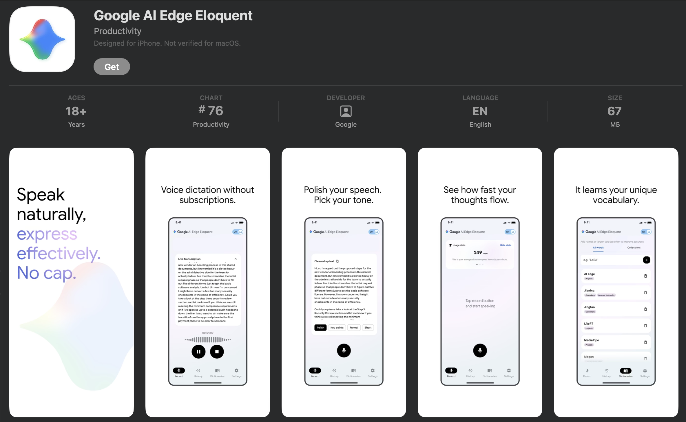 Застосунок Google AI Edge Eloquent в AppStore.